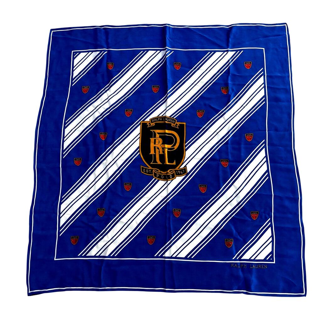 Vintage Ralph Lauren Polo all silk scarf blue & beige medallion LOGO 33" square
